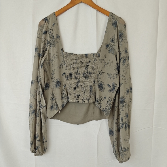 House of Harlow 1960 Long Mesh Sleeve Bustier Blouse Grey Blue Floral Size M - Picture 9 of 11